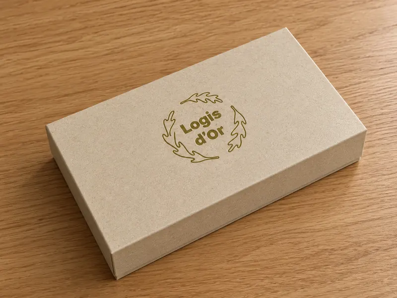 Le coffret cadeau Logis d'Or fermé, au logo doré
