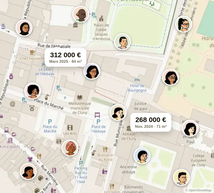 La carte des ventes Logis d'Or : chaque vente voisine, son prix et la personne qui a acheté